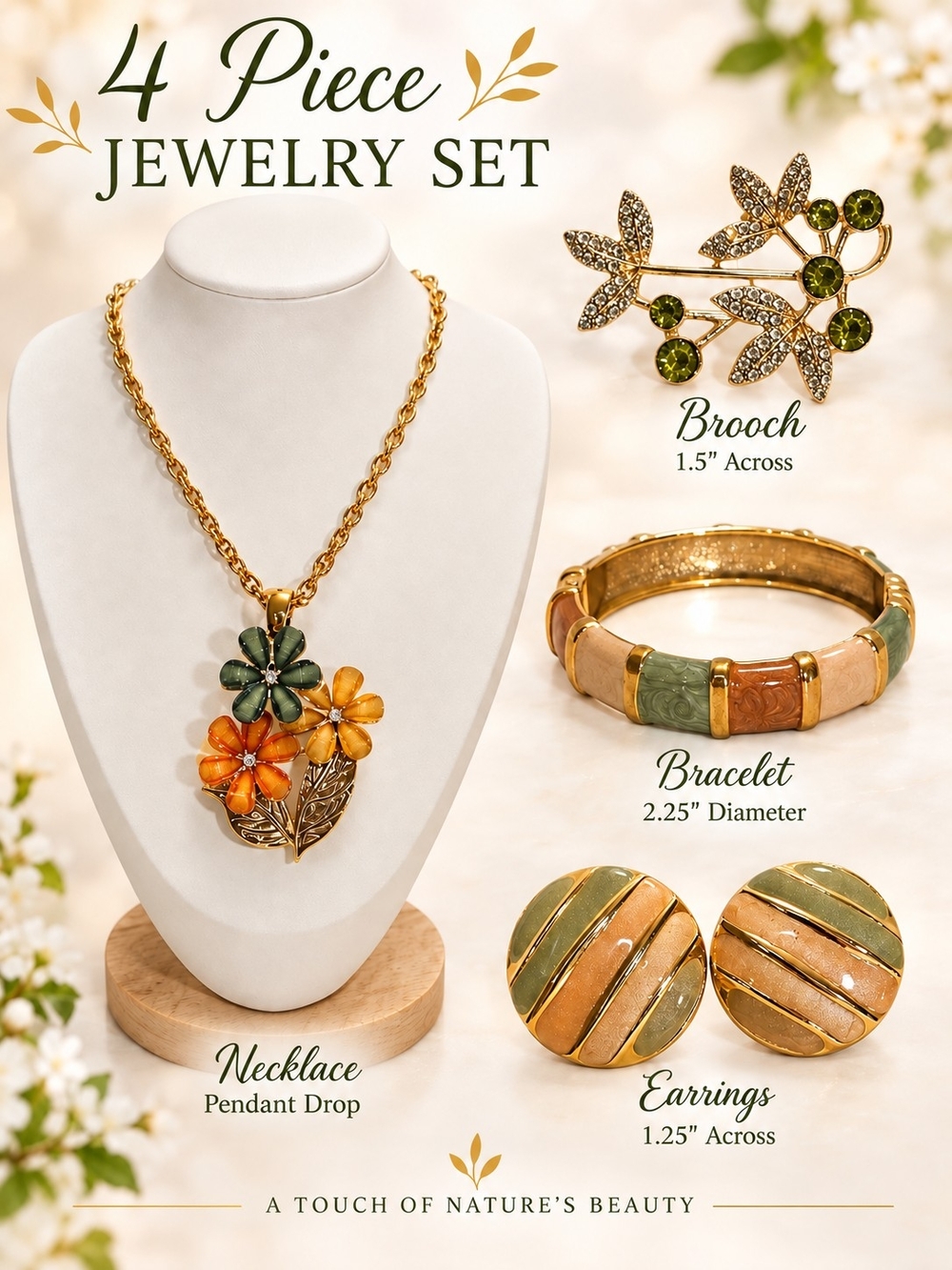 Gold-Tone Green & Orange Floral Pendant Necklace Set